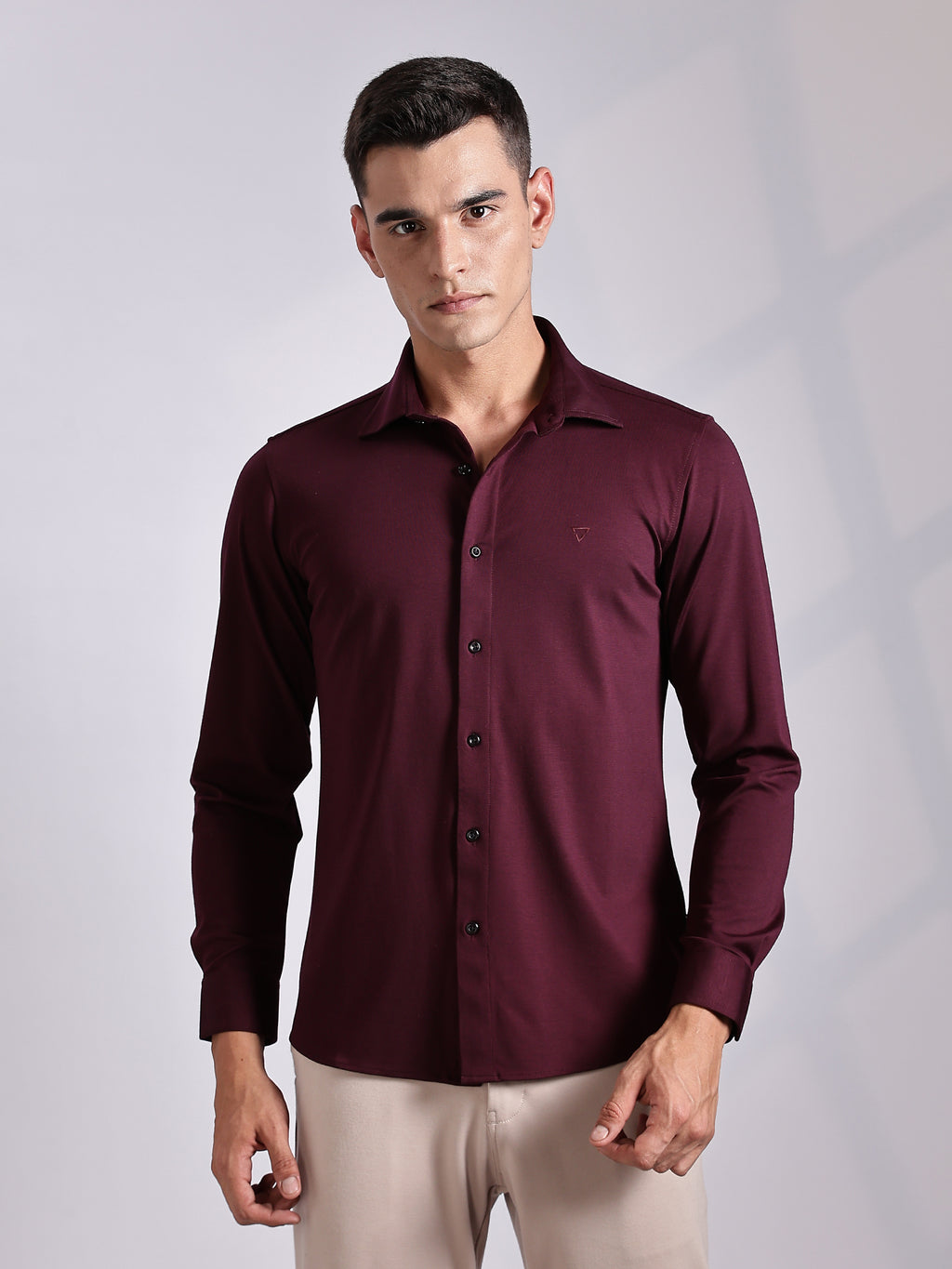 Thomas Scott Men Wine Slim Fit Long Sleeve Solid Knitted Casual Shirt
