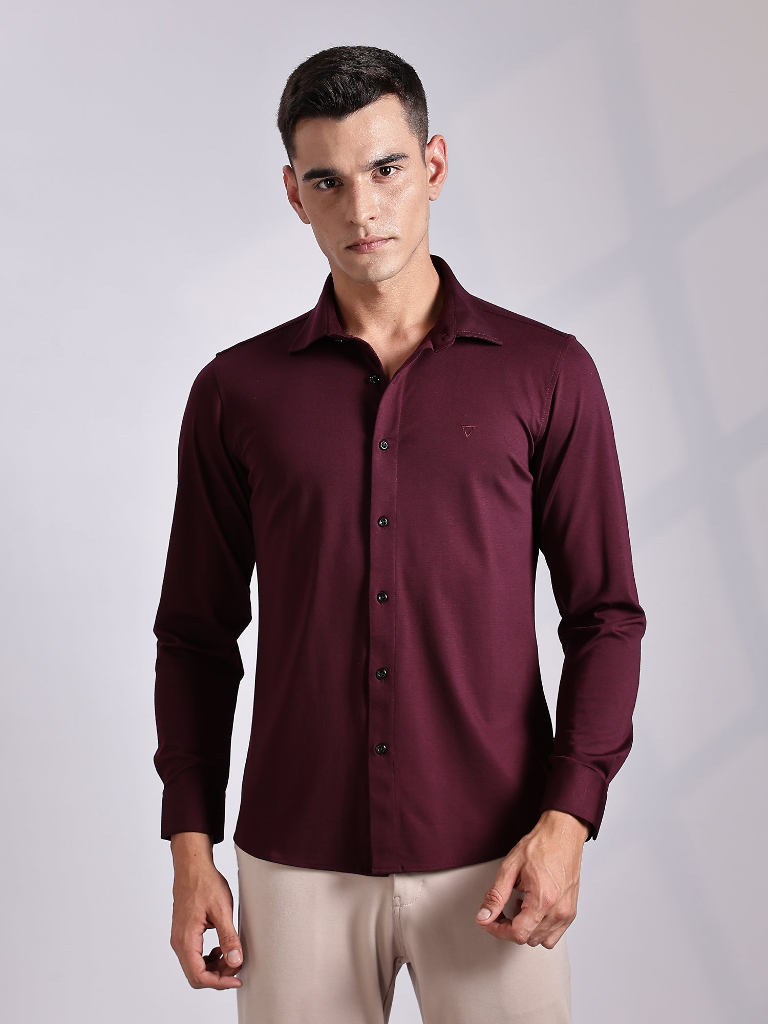Thomas Scott Men Wine Slim Fit Long Sleeve Solid Knitted Casual Shirt
