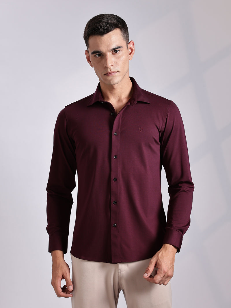 Thomas Scott Men Wine Slim Fit Long Sleeve Solid Knitted Casual Shirt