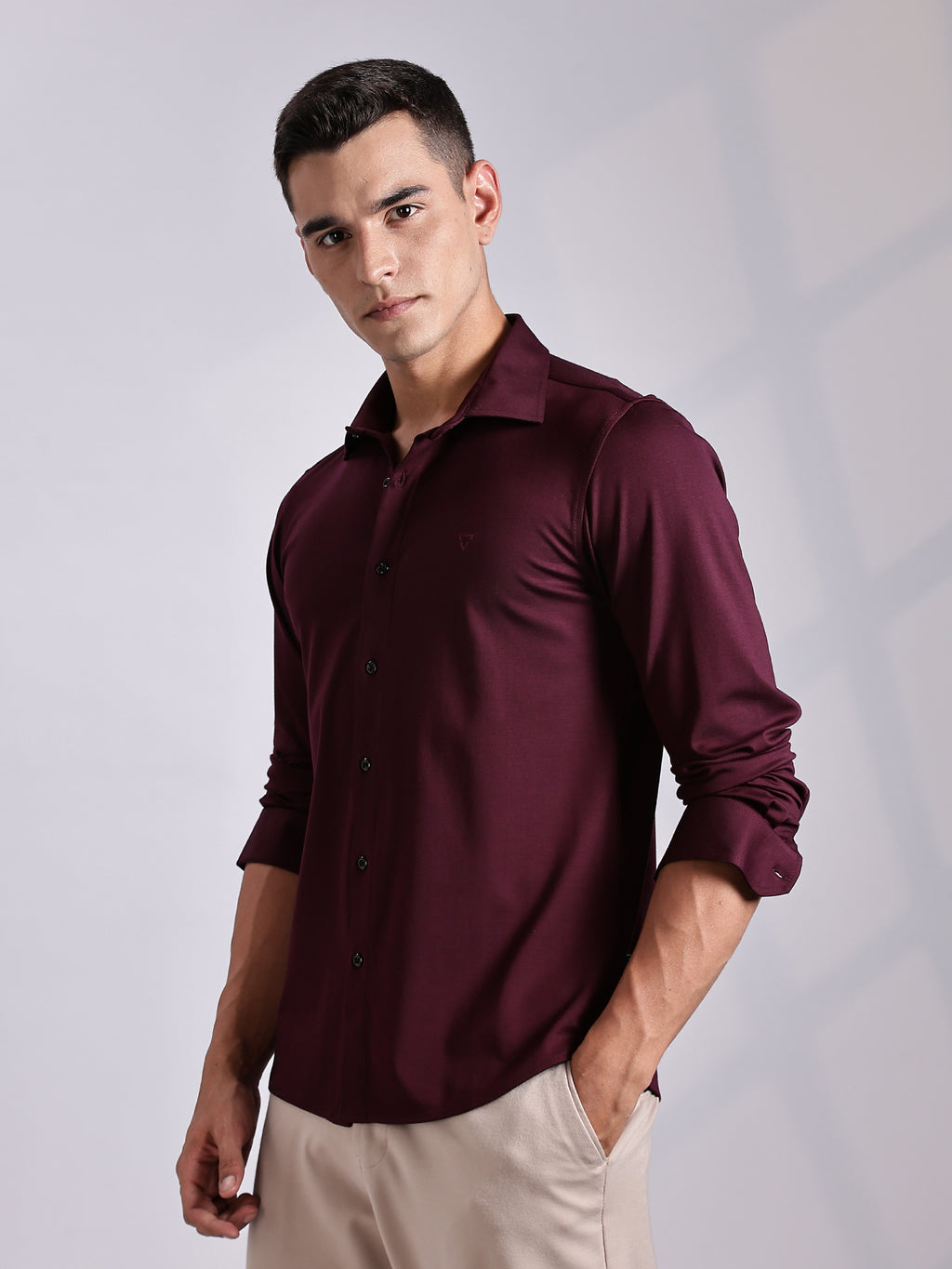 Thomas Scott Men Wine Slim Fit Long Sleeve Solid Knitted Casual Shirt