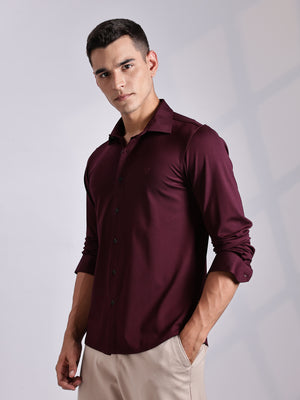 Thomas Scott Men Wine Slim Fit Long Sleeve Solid Knitted Casual Shirt