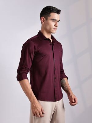 Thomas Scott Men Wine Slim Fit Long Sleeve Solid Knitted Casual Shirt