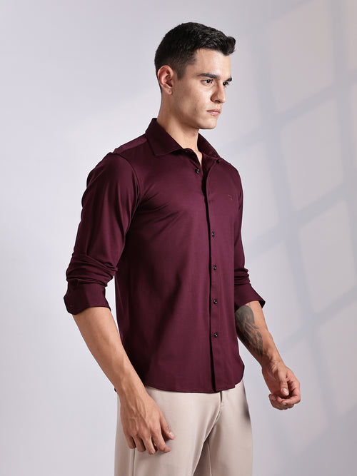 Thomas Scott Men Wine Slim Fit Long Sleeve Solid Knitted Casual Shirt
