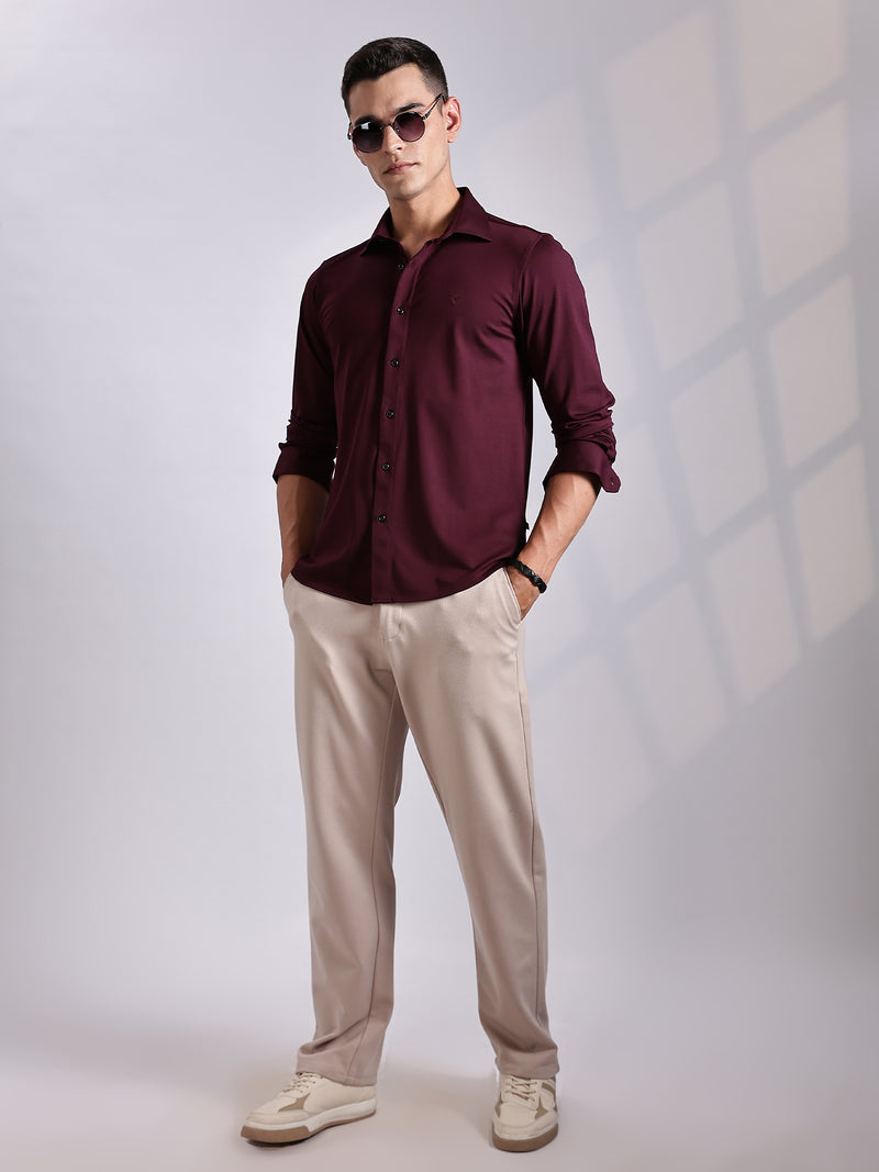 Thomas Scott Men Wine Slim Fit Long Sleeve Solid Knitted Casual Shirt