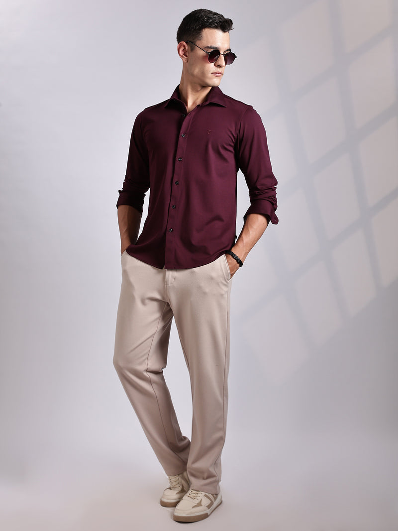 Thomas Scott Men Wine Slim Fit Long Sleeve Solid Knitted Casual Shirt