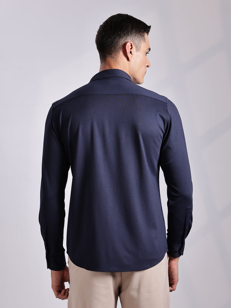 Thomas Scott Men Navy Slim Fit Long Sleeve Solid Knitted Casual Shirt