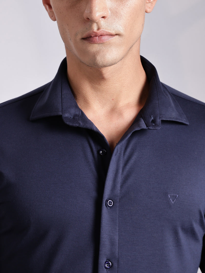 Thomas Scott Men Navy Slim Fit Long Sleeve Solid Knitted Casual Shirt