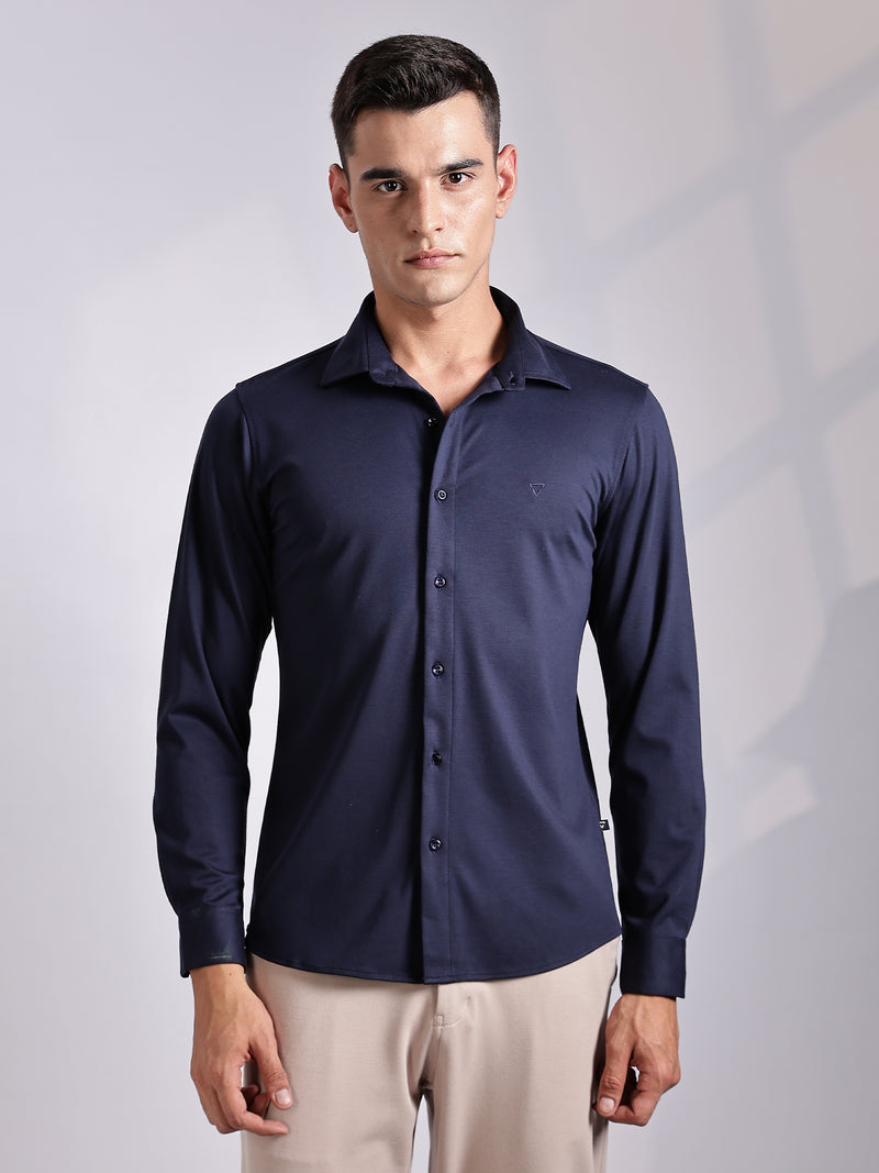 Thomas Scott Men Navy Slim Fit Long Sleeve Solid Knitted Casual Shirt