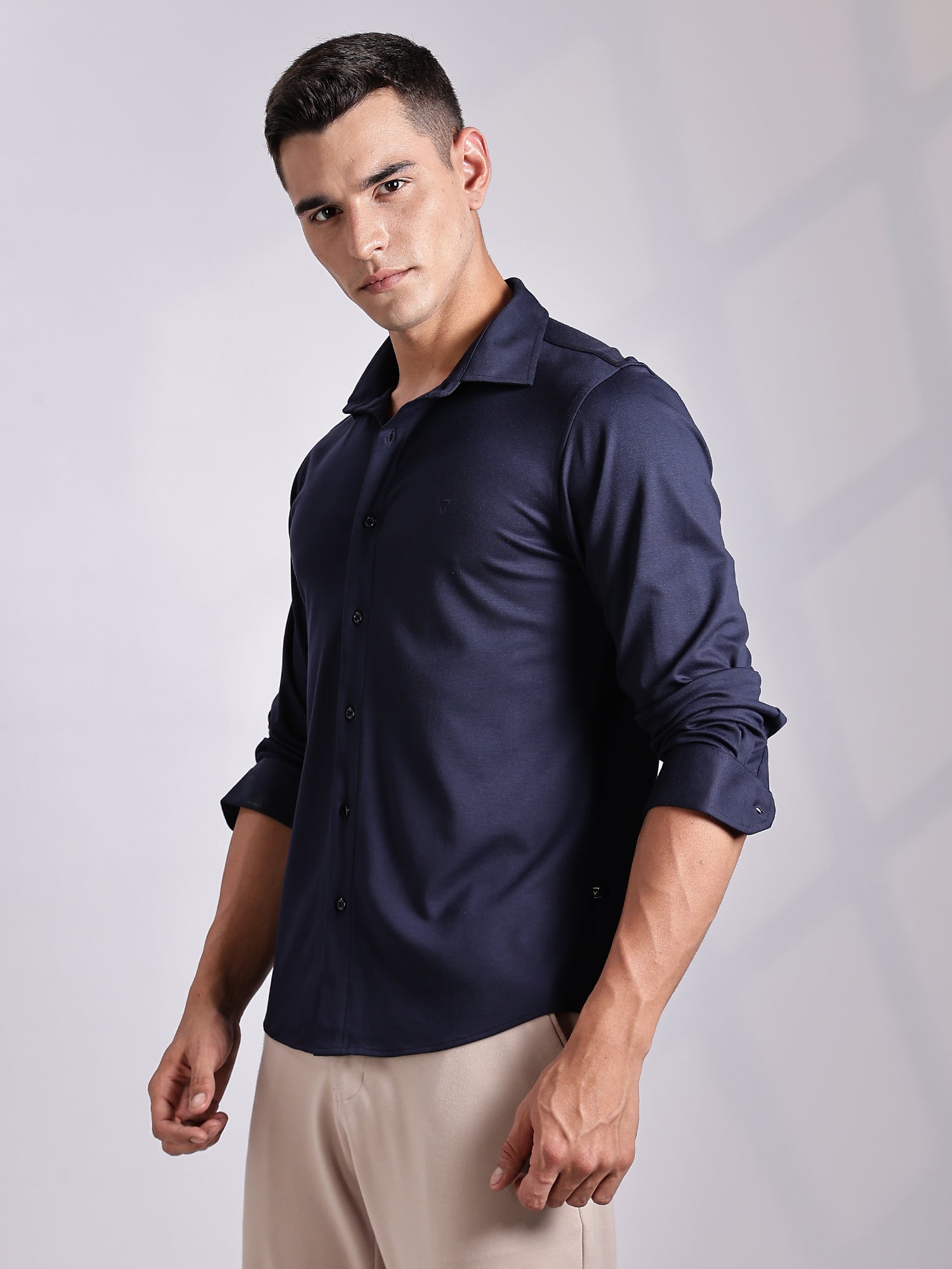 Thomas Scott Men Navy Slim Fit Long Sleeve Solid Knitted Casual Shirt