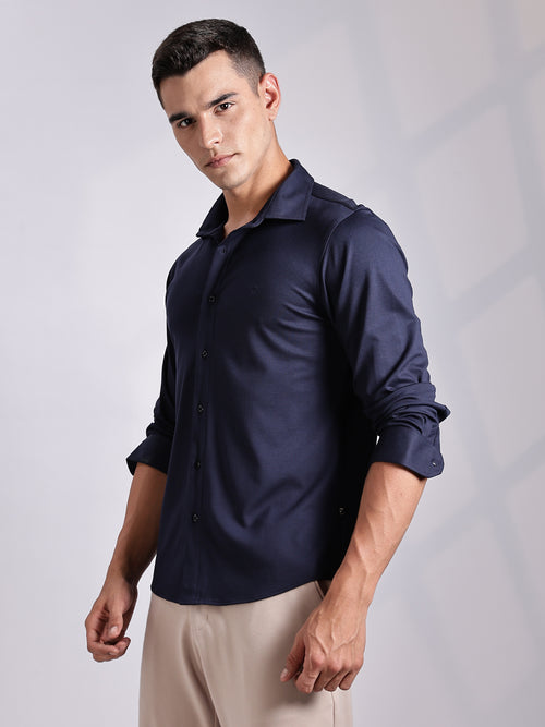 Thomas Scott Men Navy Slim Fit Long Sleeve Solid Knitted Casual Shirt