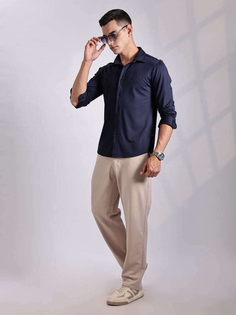 Thomas Scott Men Navy Slim Fit Long Sleeve Solid Knitted Casual Shirt
