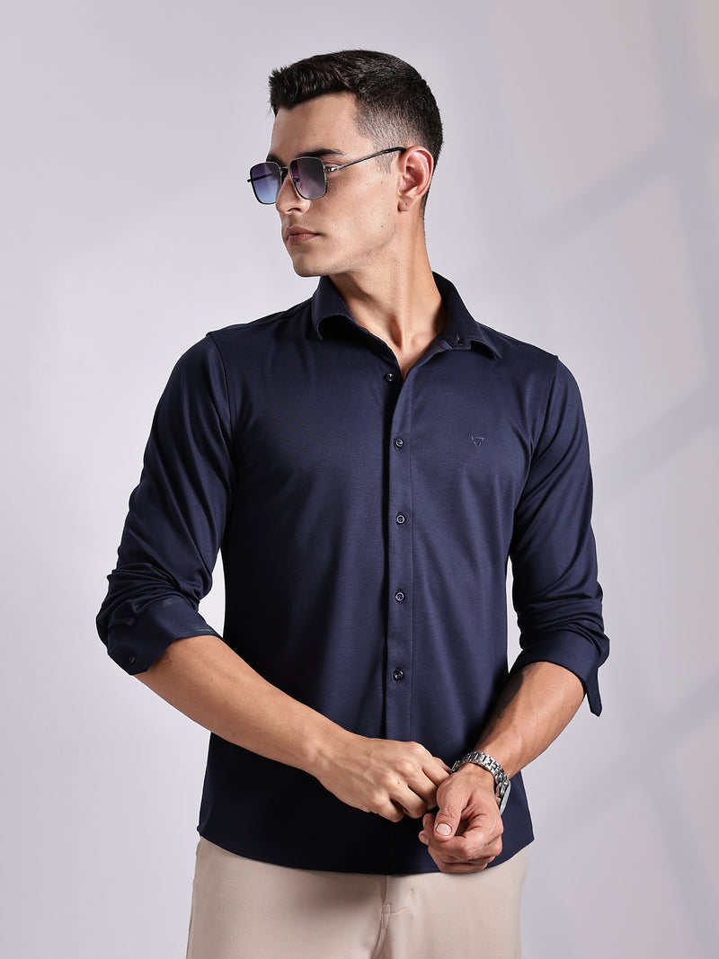 Thomas Scott Men Navy Slim Fit Long Sleeve Solid Knitted Casual Shirt