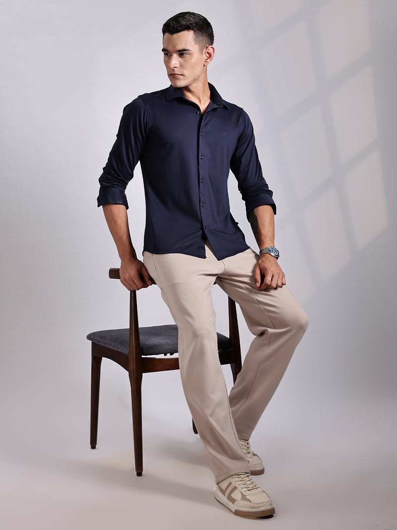 Thomas Scott Men Navy Slim Fit Long Sleeve Solid Knitted Casual Shirt