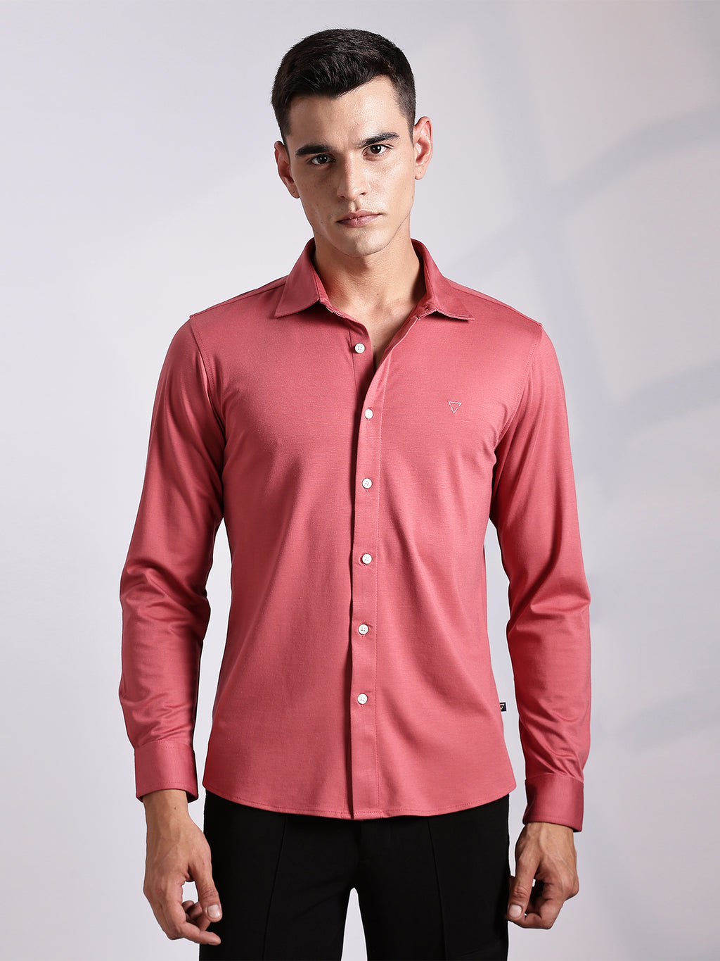 Thomas Scott Men DarkPeach Slim Fit Long Sleeve Solid Knitted Casual Shirt