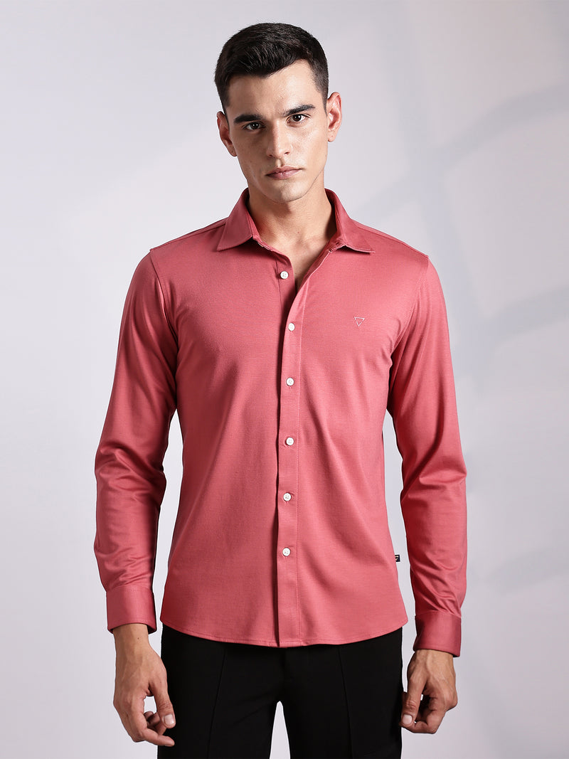 Thomas Scott Men DarkPeach Slim Fit Long Sleeve Solid Knitted Casual Shirt
