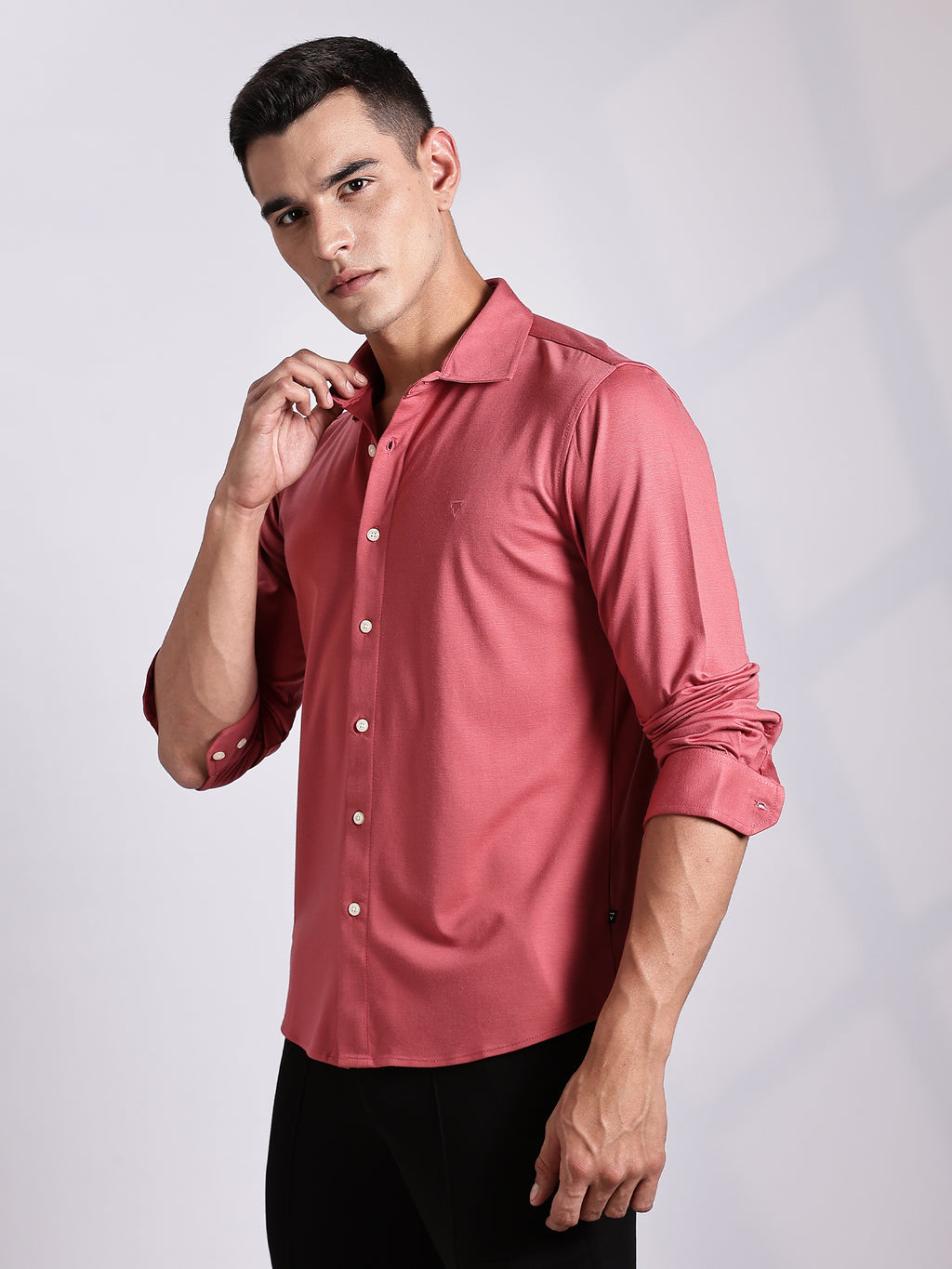 Thomas Scott Men DarkPeach Slim Fit Long Sleeve Solid Knitted Casual Shirt