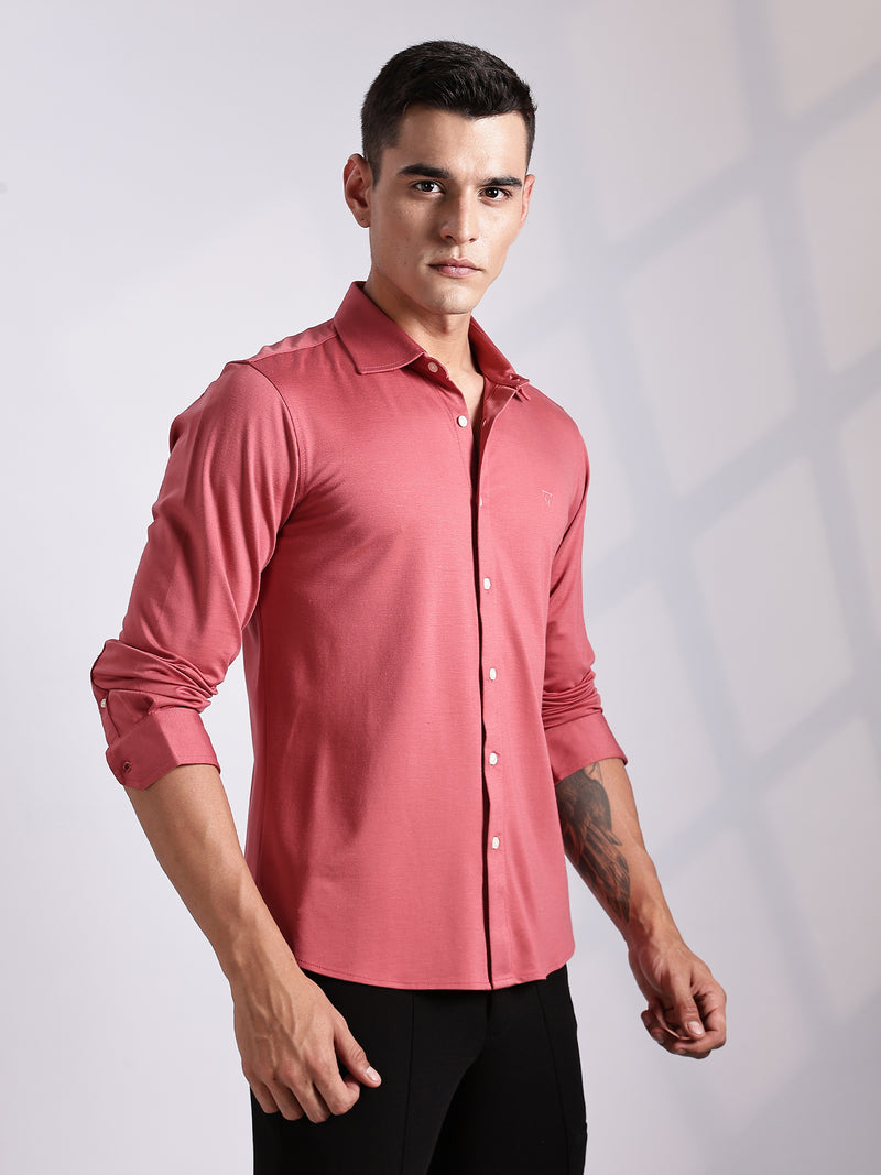 Thomas Scott Men DarkPeach Slim Fit Long Sleeve Solid Knitted Casual Shirt