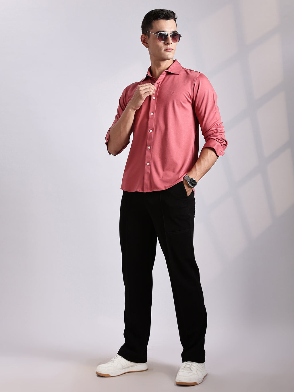 Thomas Scott Men DarkPeach Slim Fit Long Sleeve Solid Knitted Casual Shirt