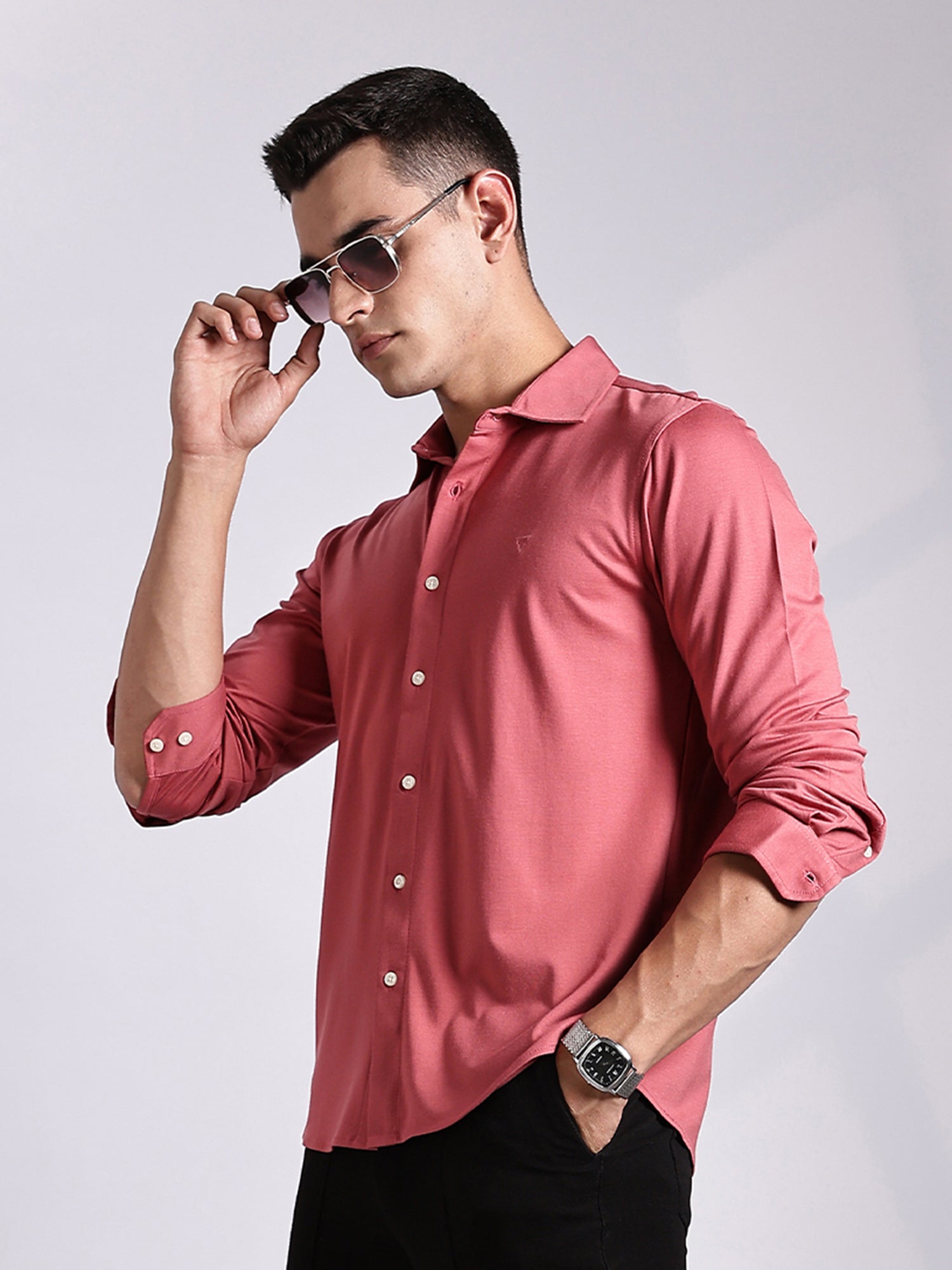 Thomas Scott Men DarkPeach Slim Fit Long Sleeve Solid Knitted Casual Shirt