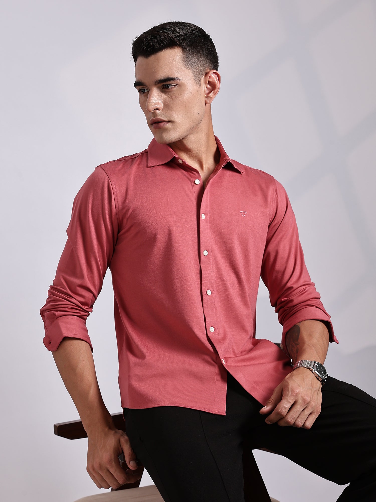 Thomas Scott Men DarkPeach Slim Fit Long Sleeve Solid Knitted Casual Shirt