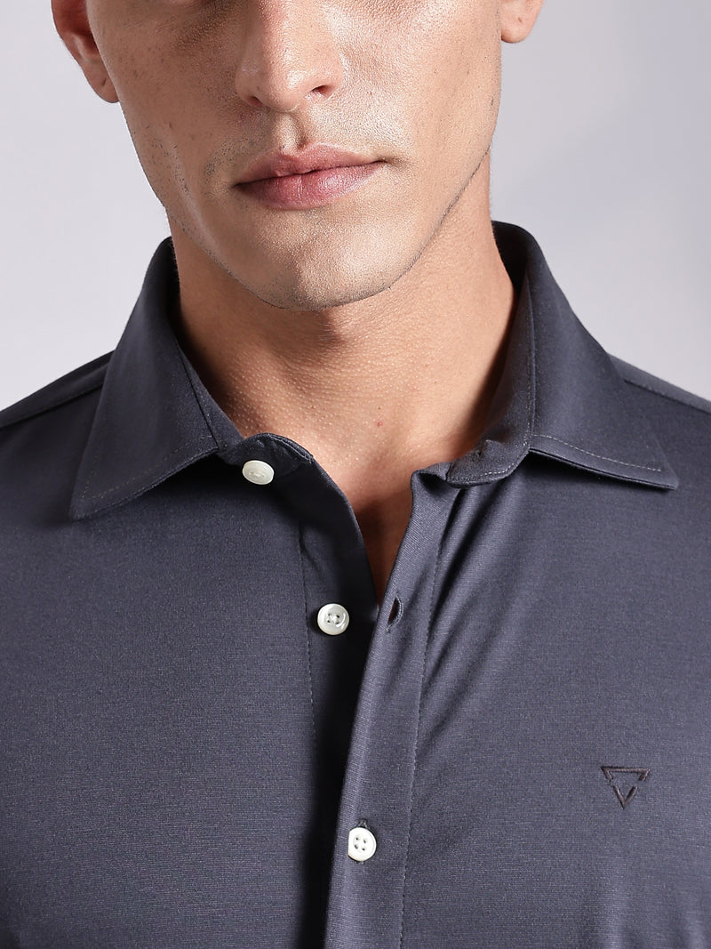Thomas Scott Men Grey Slim Fit Long Sleeve Solid Knitted Casual Shirt