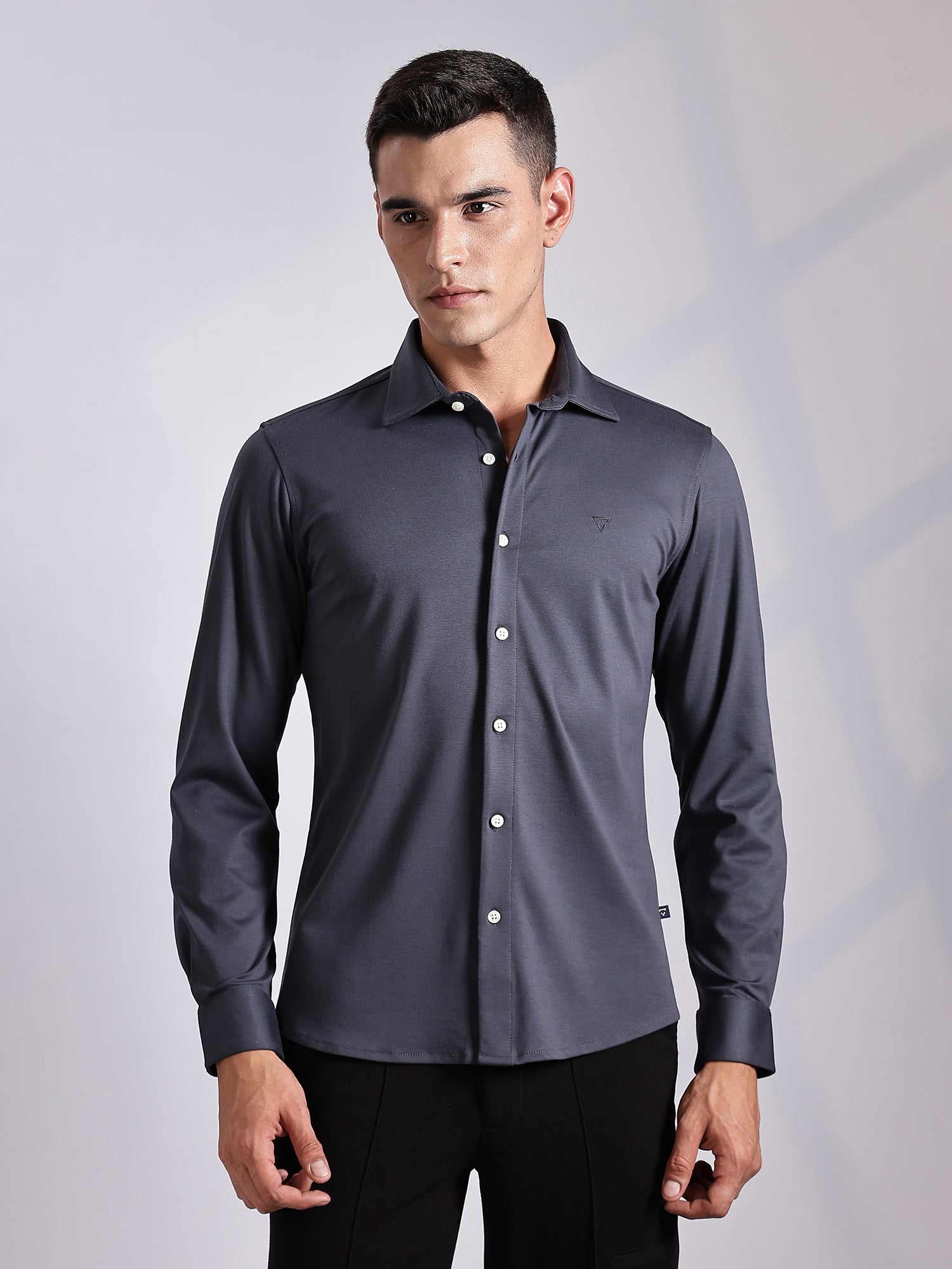 Thomas Scott Men Grey Slim Fit Long Sleeve Solid Knitted Casual Shirt