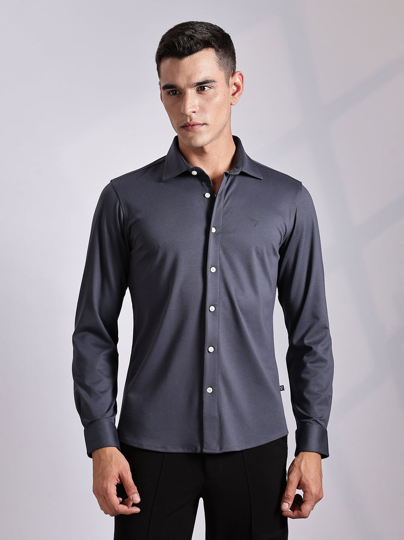 Thomas Scott Men Grey Slim Fit Long Sleeve Solid Knitted Casual Shirt