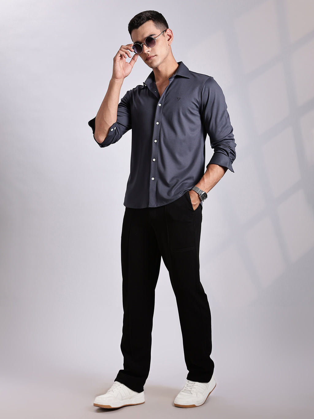 Thomas Scott Men Grey Slim Fit Long Sleeve Solid Knitted Casual Shirt