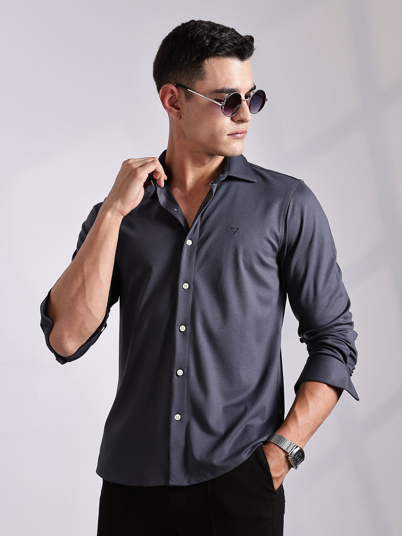 Thomas Scott Men Grey Slim Fit Long Sleeve Solid Knitted Casual Shirt