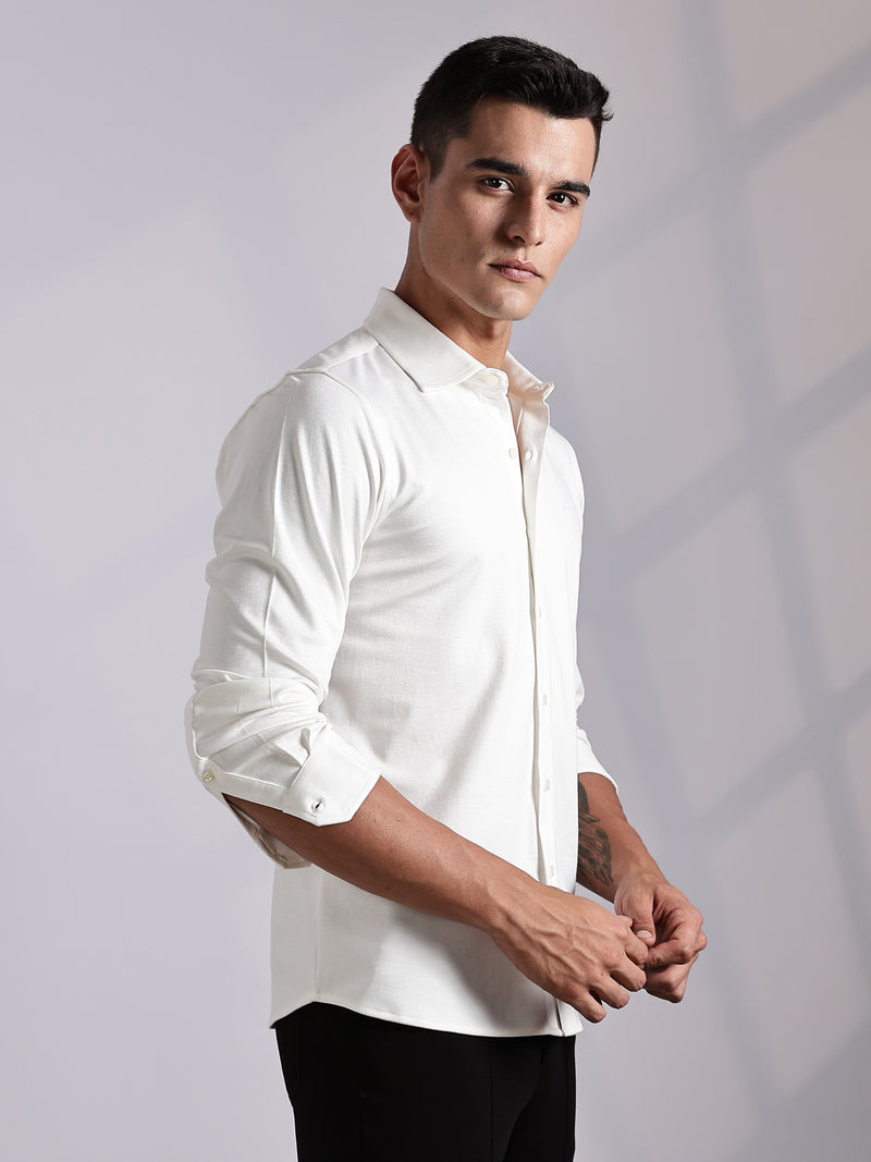 Thomas Scott Men White Slim Fit Long Sleeve Solid Knitted Casual Shirt
