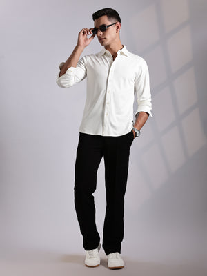 Thomas Scott Men White Slim Fit Long Sleeve Solid Knitted Casual Shirt