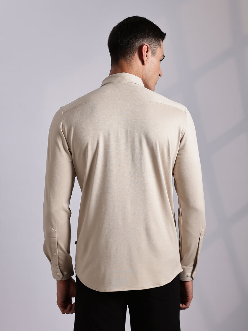 Thomas Scott Men Beige Slim Fit Long Sleeve Solid Knitted Casual Shirt