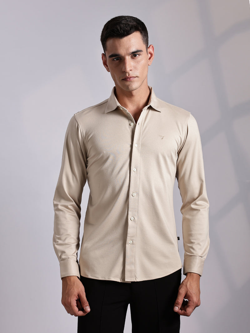 Thomas Scott Men Beige Slim Fit Long Sleeve Solid Knitted Casual Shirt