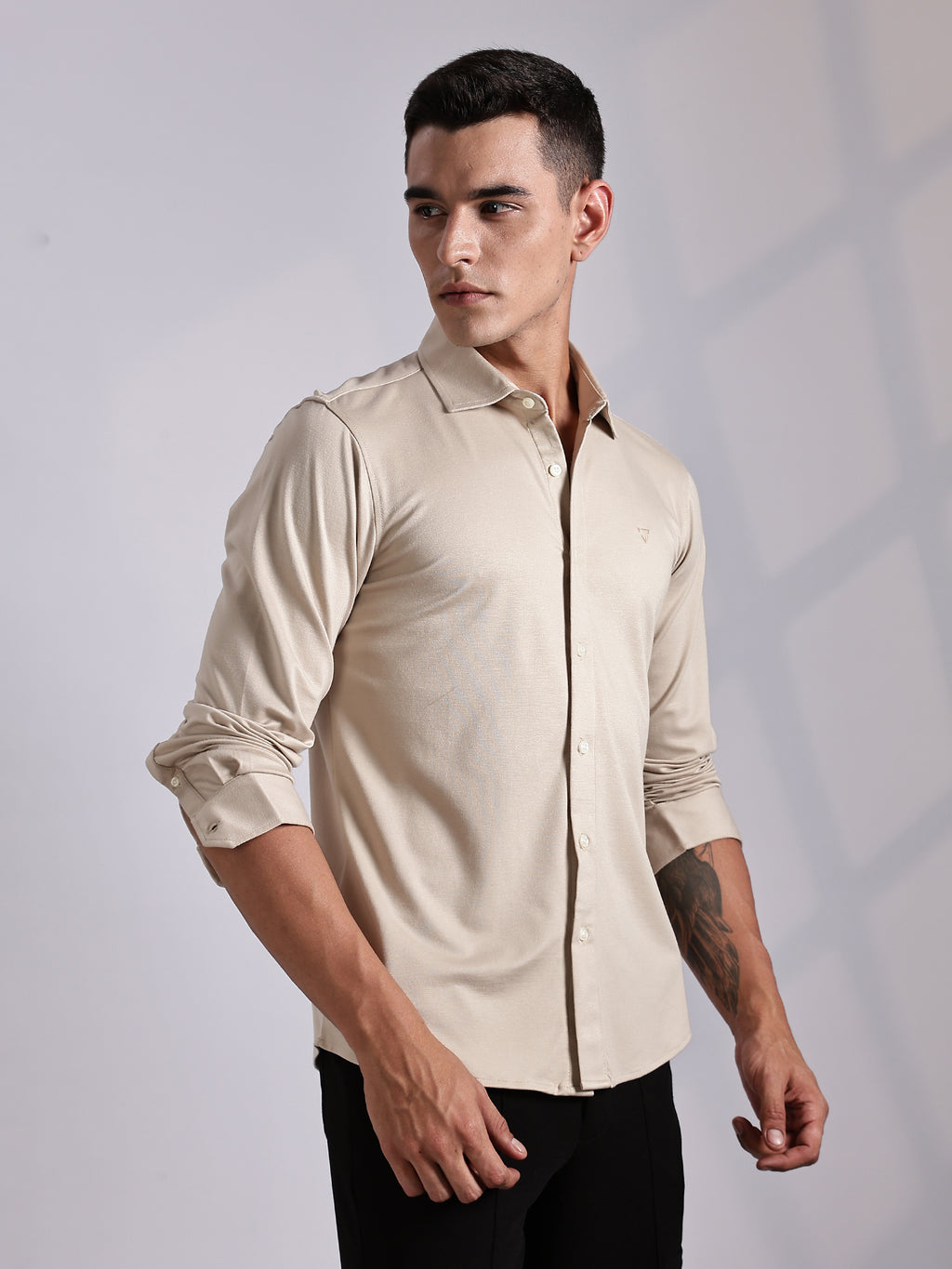 Thomas Scott Men Beige Slim Fit Long Sleeve Solid Knitted Casual Shirt
