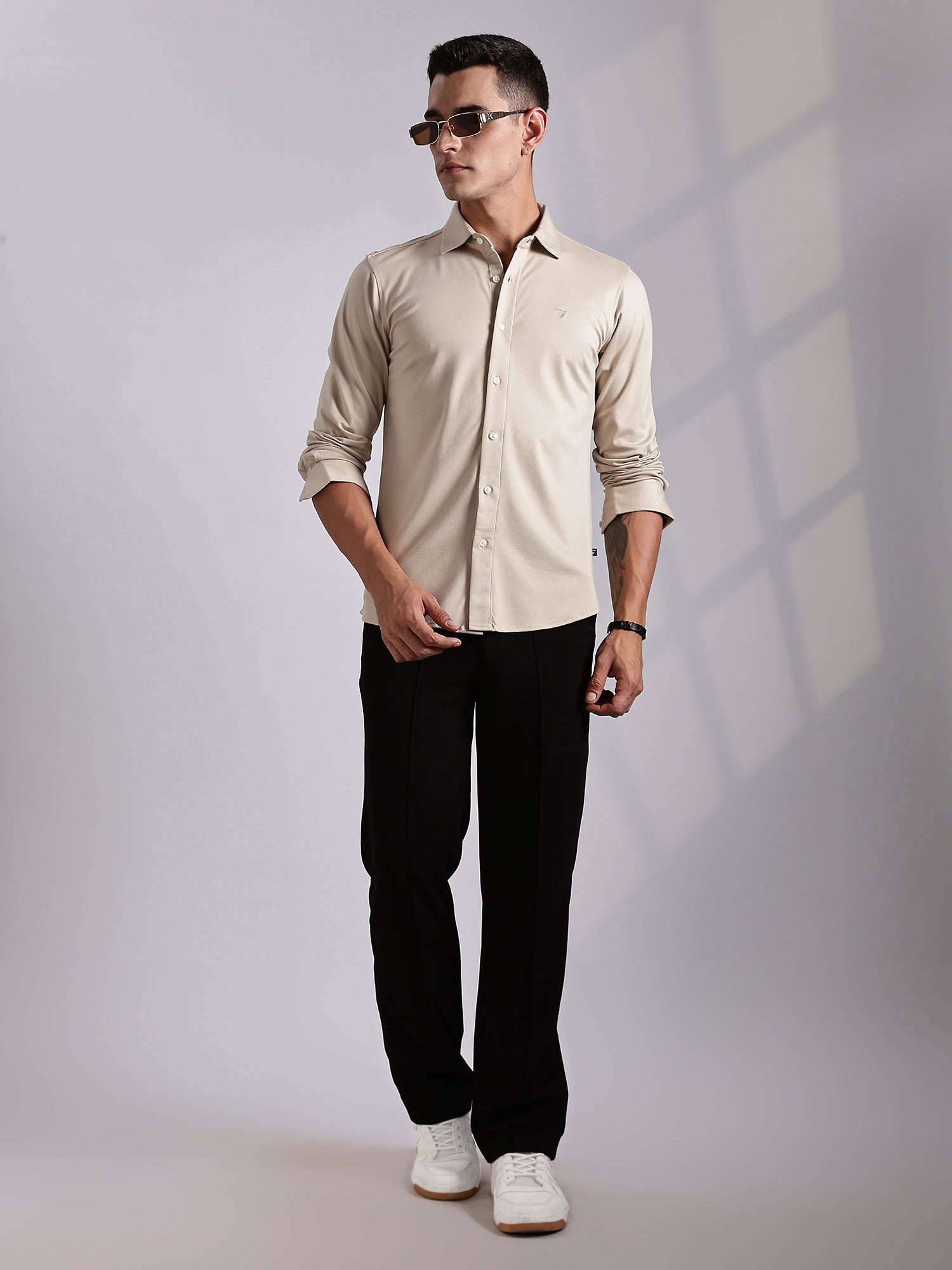 Thomas Scott Men Beige Slim Fit Long Sleeve Solid Knitted Casual Shirt