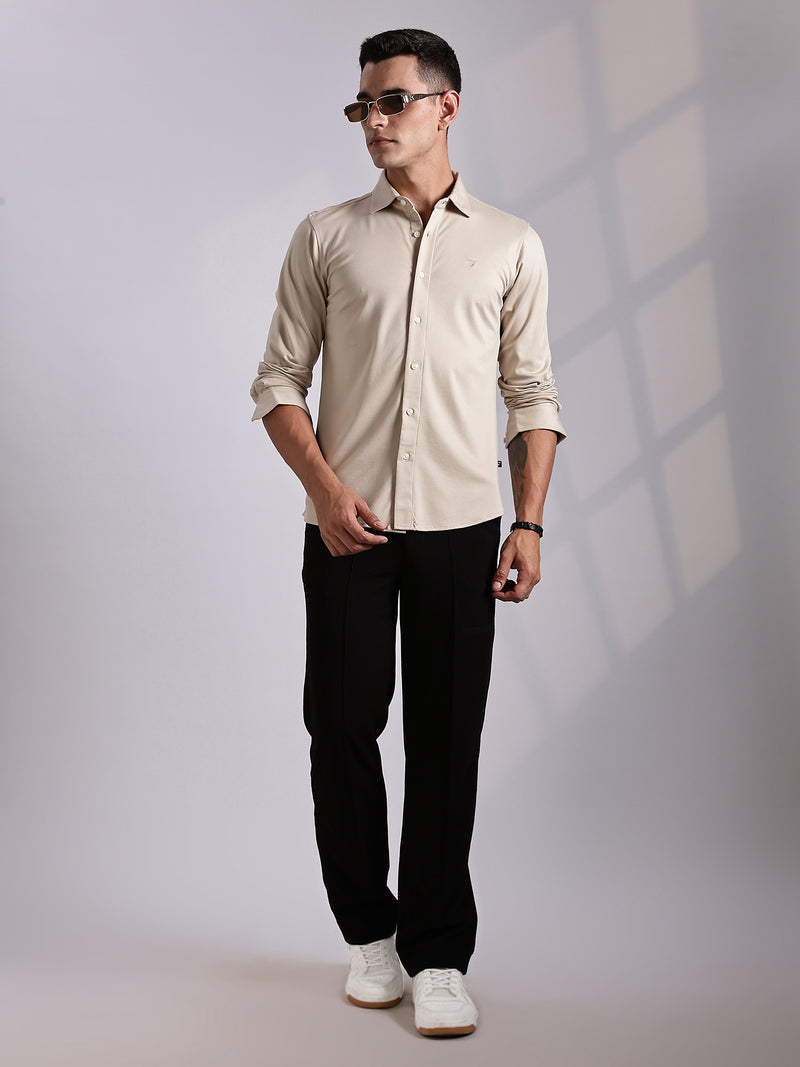 Thomas Scott Men Beige Slim Fit Long Sleeve Solid Knitted Casual Shirt