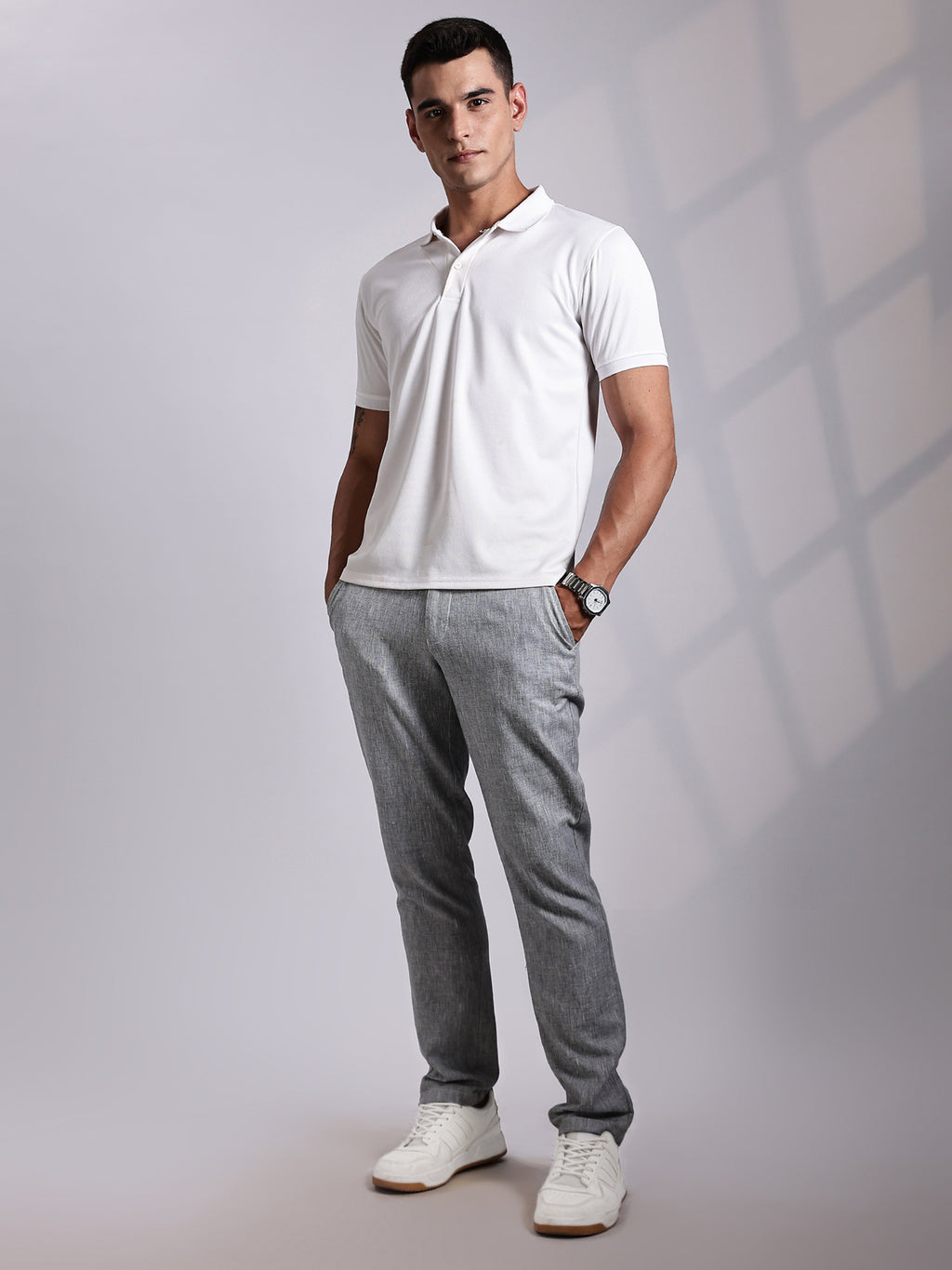 Thomas Scott Men Grey Mid-Rise Regular Fit Linen Chinos Trouser