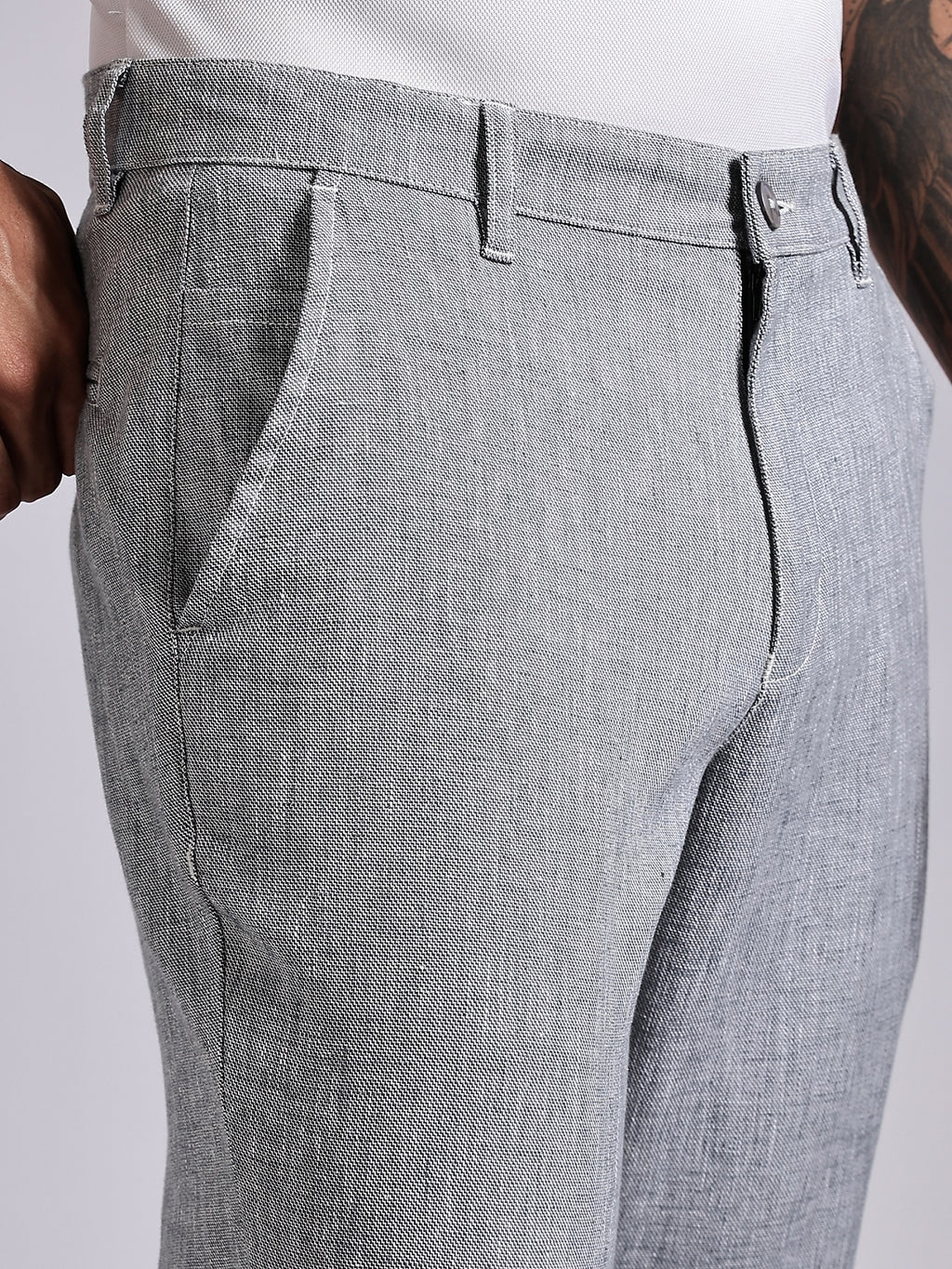 Thomas Scott Men Grey Mid-Rise Regular Fit Linen Chinos Trouser
