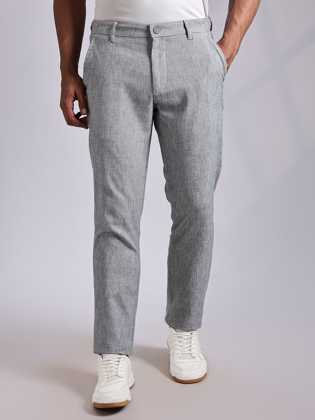 Thomas Scott Men Grey Mid-Rise Regular Fit Linen Chinos Trouser