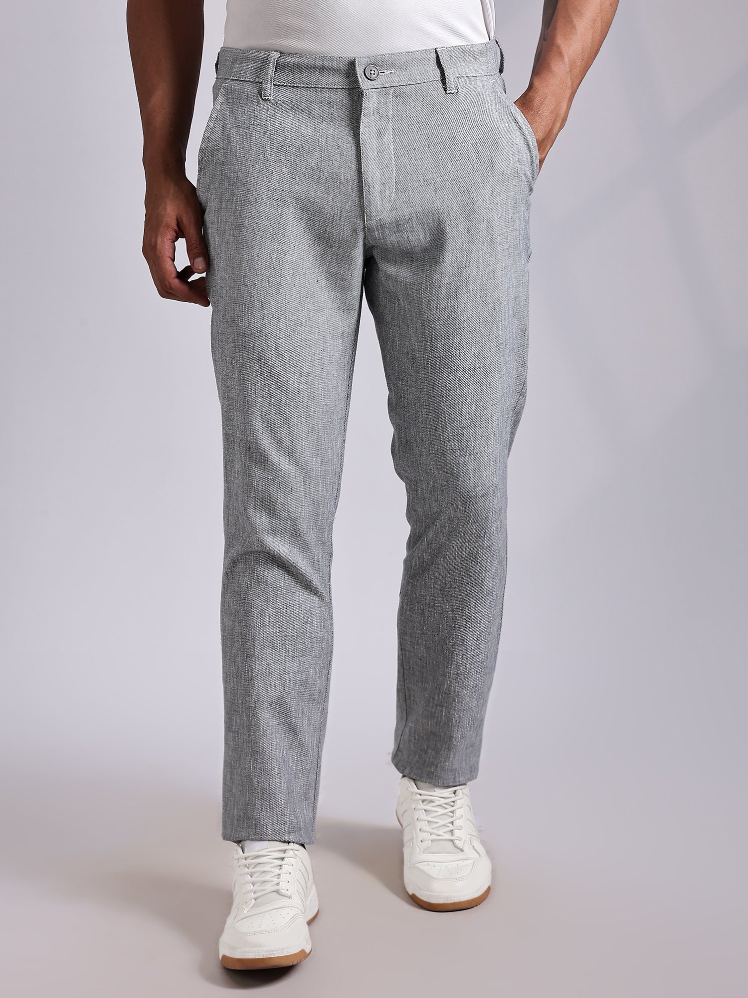 Thomas Scott Men Grey Mid-Rise Regular Fit Linen Chinos Trouser