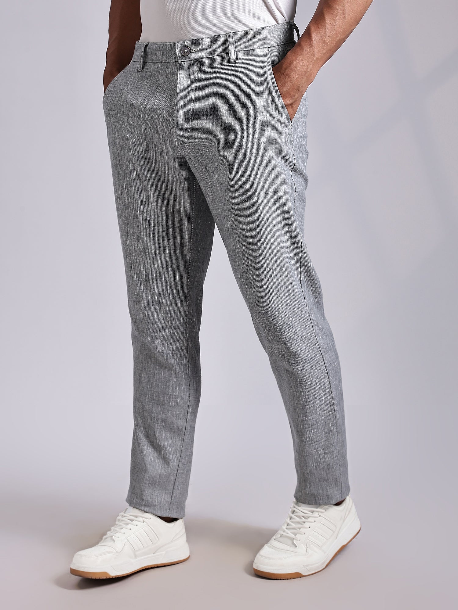 Thomas Scott Men Grey Mid-Rise Regular Fit Linen Chinos Trouser
