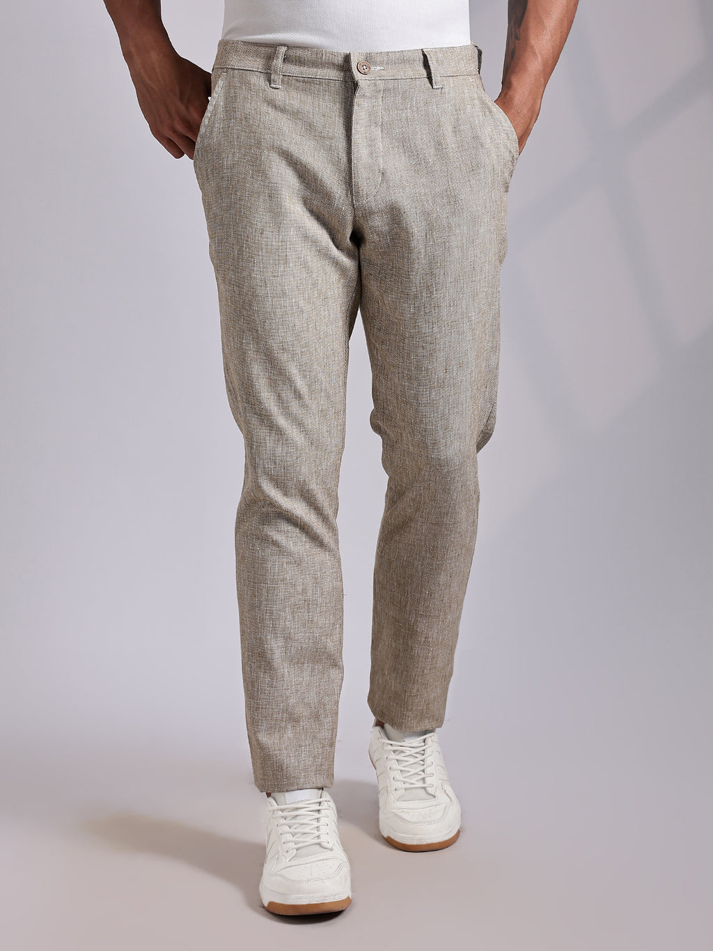 Thomas Scott Men Beige Mid-Rise Regular Fit Linen Chinos Trouser