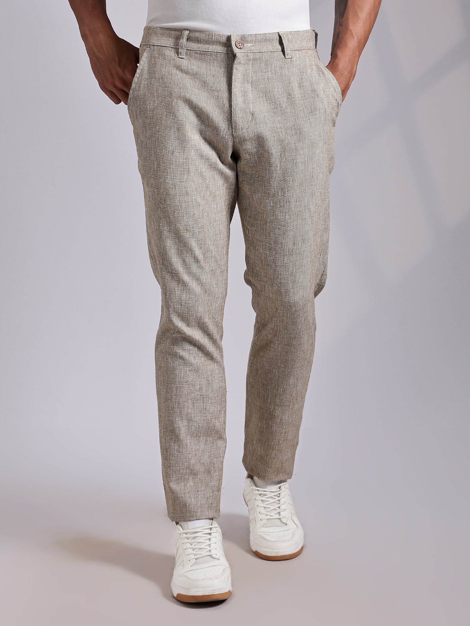 Thomas Scott Men Beige Mid-Rise Regular Fit Linen Chinos Trouser