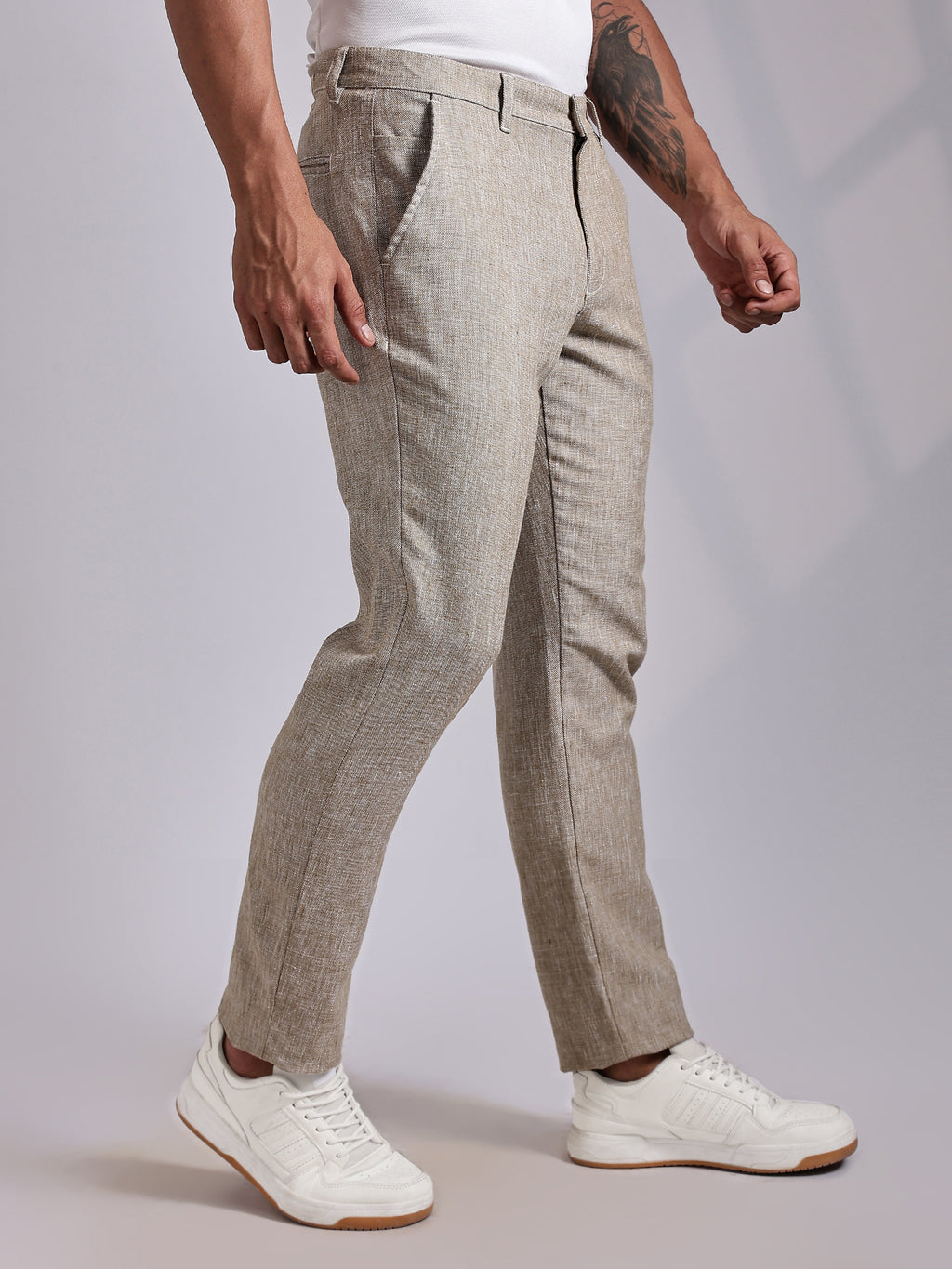 Thomas Scott Men Beige Mid-Rise Regular Fit Linen Chinos Trouser