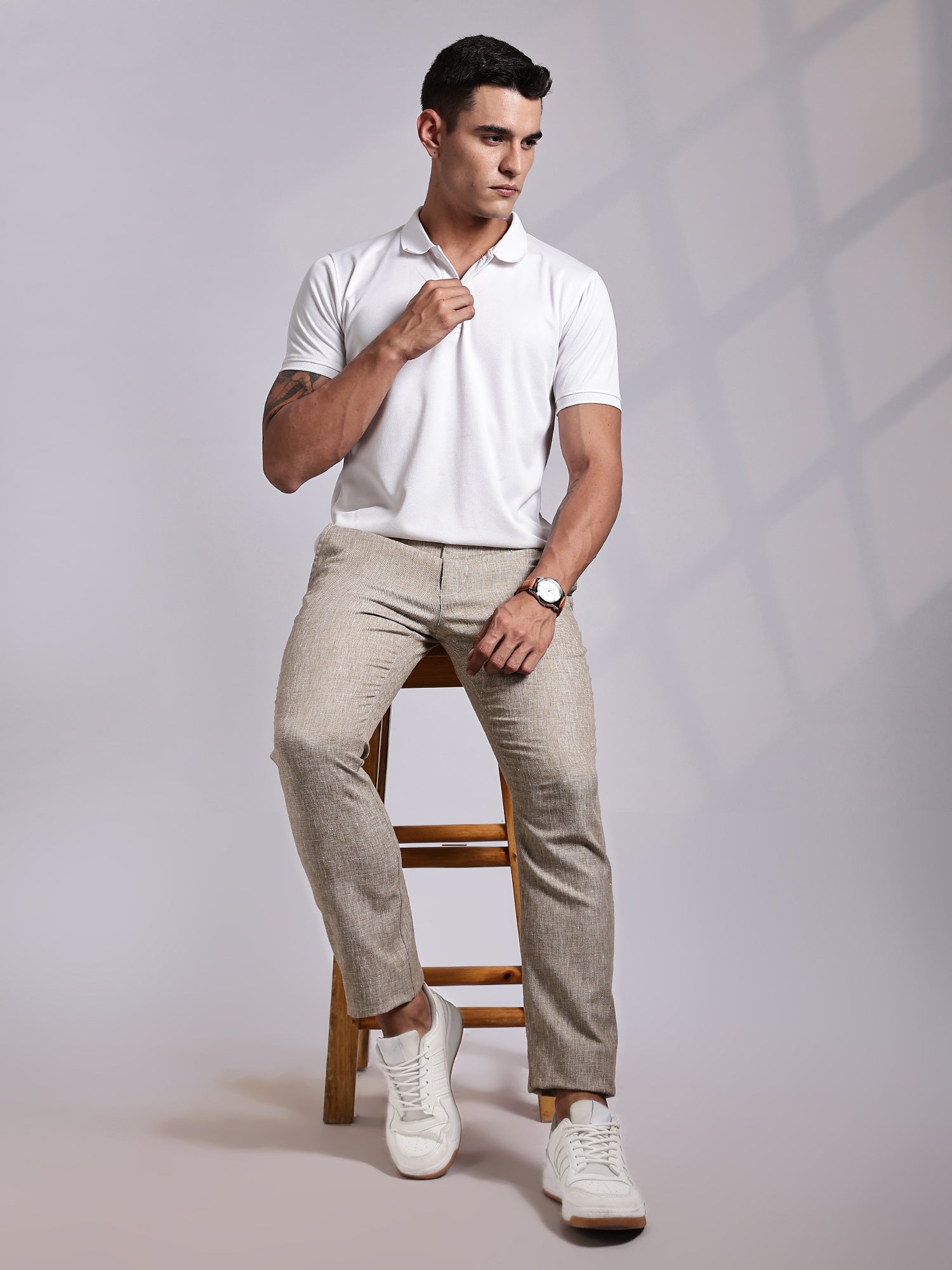 Thomas Scott Men Beige Mid-Rise Regular Fit Linen Chinos Trouser