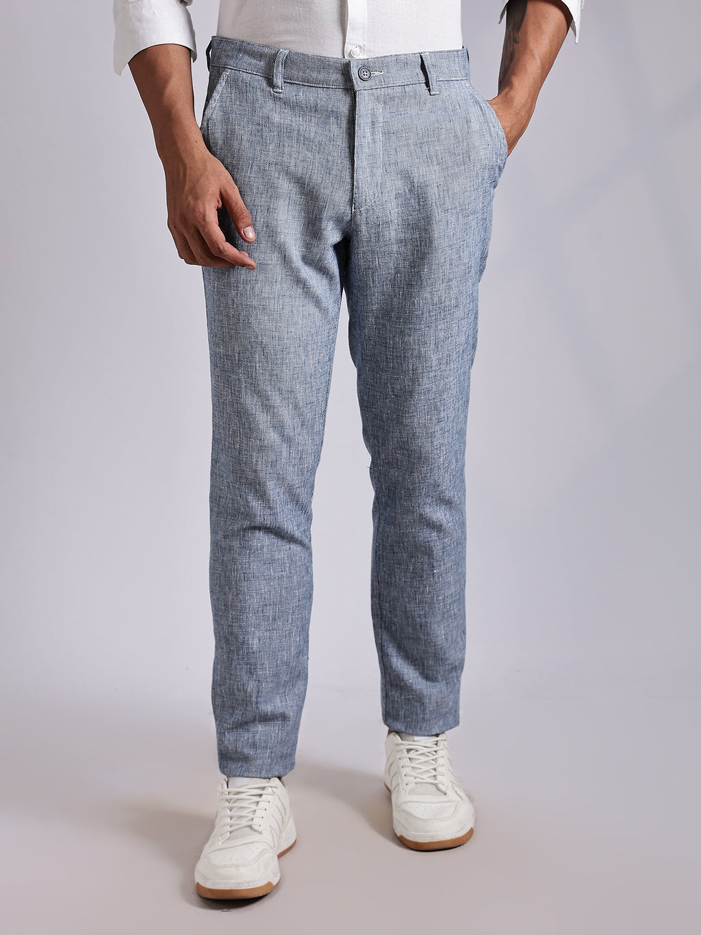 Thomas Scott Men Blue Mid-Rise Regular Fit Linen Chinos Trouser