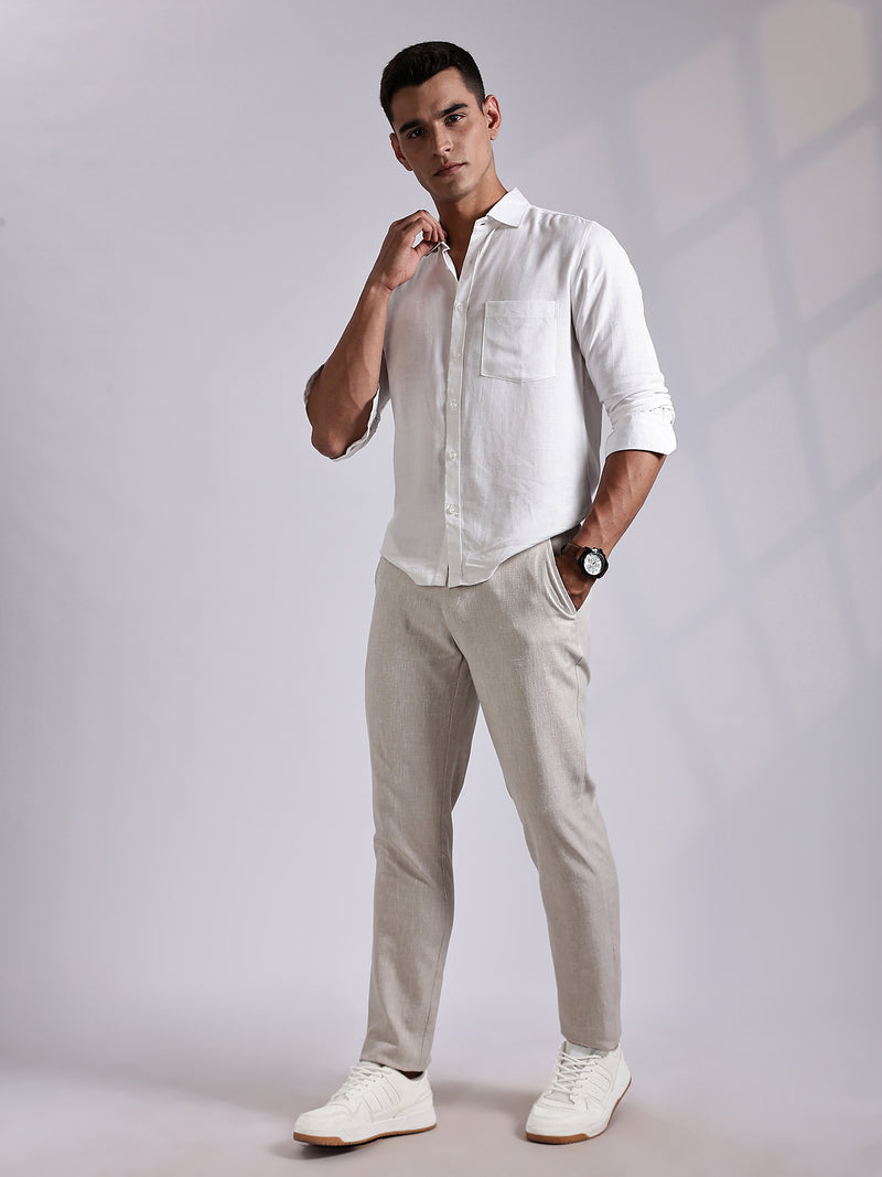 Thomas Scott Men Cream Mid-Rise Regular Fit Linen Chinos Trouser