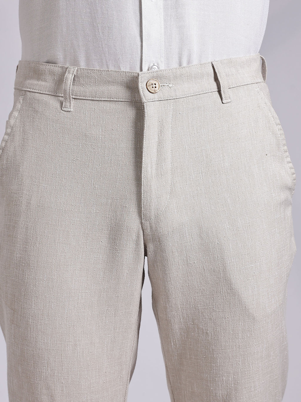 Thomas Scott Men Cream Mid-Rise Regular Fit Linen Chinos Trouser
