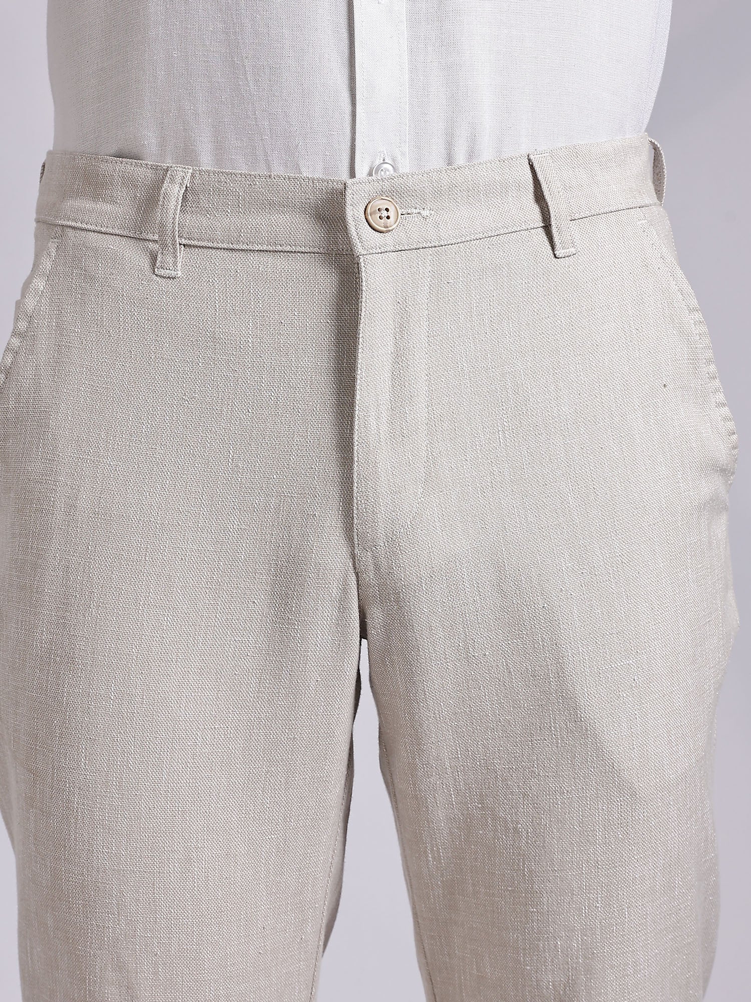 Thomas Scott Men Cream Mid-Rise Regular Fit Linen Chinos Trouser