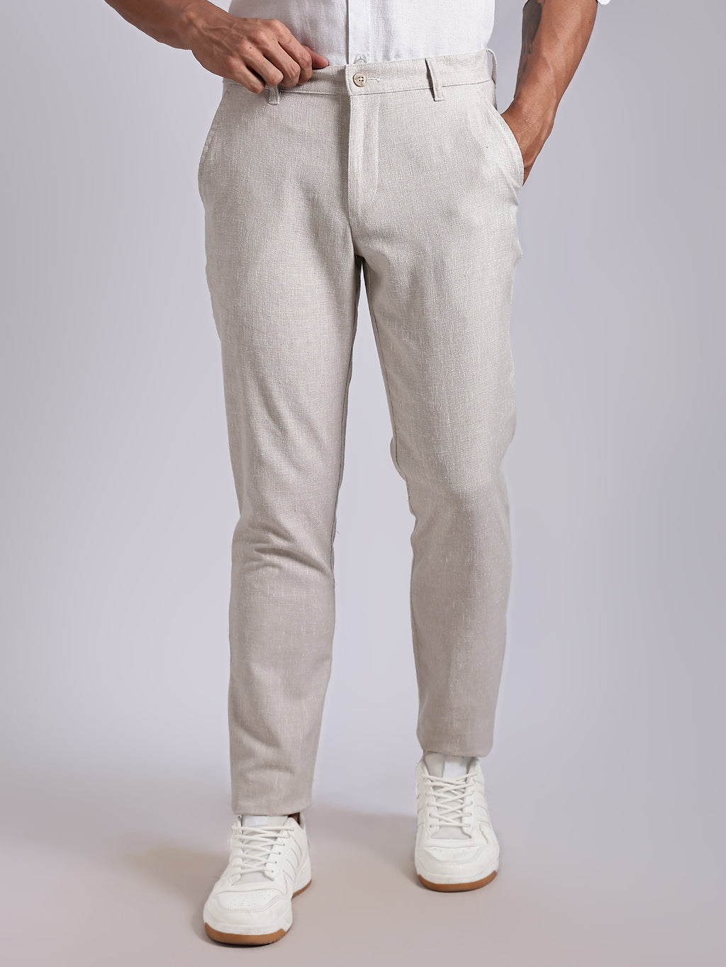Thomas Scott Men Cream Mid-Rise Regular Fit Linen Chinos Trouser